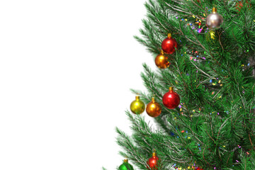 Fototapeta na wymiar 3D Rendering Realistic Christmas Tree with shine glitter Christmas ball and colorful light. For Merry Christmas design element with clipping path