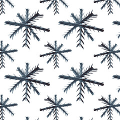 Watercolor snowflakes seamless pattern. Blue snowflakes on a white background. Christmas handmade illustrations.