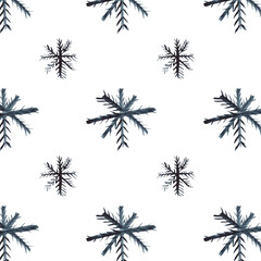 Watercolor snowflakes seamless pattern. Blue snowflakes on a white background. Christmas handmade illustrations.