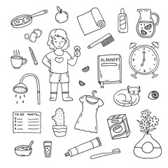 Morning routine for women such as exercise, water with lemon, breakfast, shower, schedule for the day, caring for a cat and beauty. Women's self care. Doodle. Vector illustration. Hand drawn.