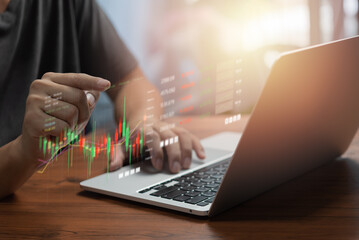 Businessman touching virtual screen graph stock market indicator currency exchange financial...