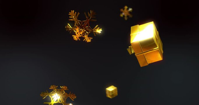 Animation of gold presents and snowflakes falling over black background