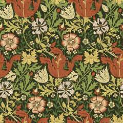 Floral seamless pattern with flowers on dark green background. Vector illustration. - 535294273