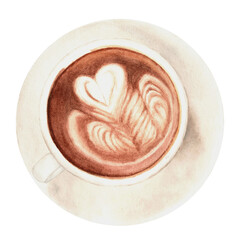 Coffee Latte watercolor illustration. Isolated on white. Hand drawn food illustration. Cafeteria menu, barista Latte art. Cappuccino png watercolour drawing. 
