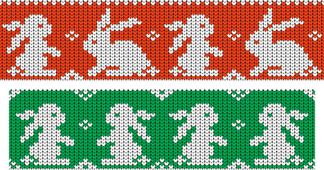 Knitted seamless pattern, cozy winter print in red and green colors with white rabbits for Christmas and New Year. Set of vector illustrations