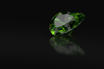 Heart cut emerald gemstone on black background with reflections and free space. 3D rendering