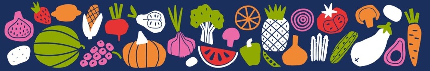 Horizontal pattern of vegetables and fruits hand-drawn doodles in Scandinavian style