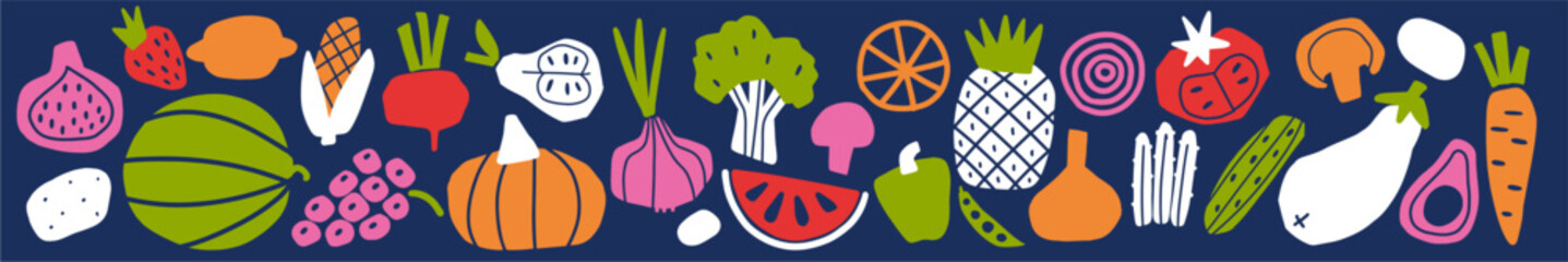 A set of stylized fruits and vegetables in Scandinavian style