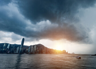Fototapeta na wymiar Hong Kong downtown with dark clouds in storm