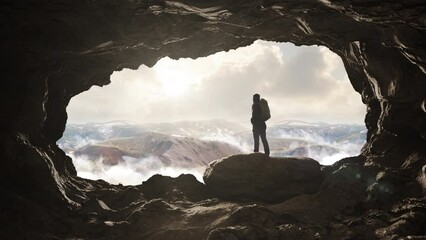 Success achievement,hiker standing on top of a mountain cave enjoy the view,climber female enjoying freedom,nature exploration spirit - Powered by Adobe