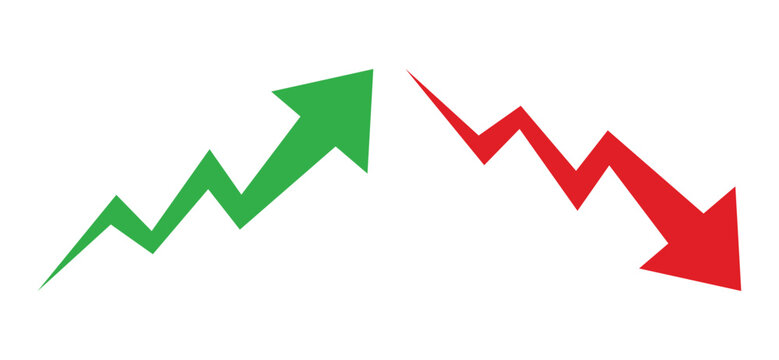 Graph going Up and Down sign with green and red arrows vector. Flat design vector illustration concept of sales bar chart symbol icon with arrow moving down and sales bar chart with arrow moving up.