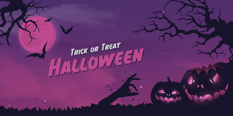 Happy halloween banner or party invitation background with violet fog clouds and pumpkins	