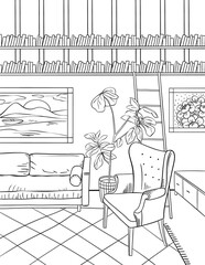 Cool home office interior. Coloring book for adults. The interior of the room. Black and white illustration.