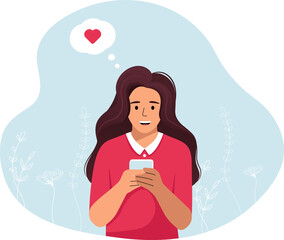 Girl with a phone in her hands, flat style, cartoon girl.