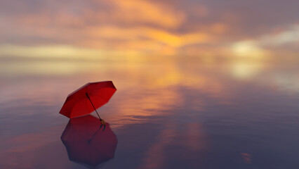 Read umbrella on a beach in sunset time (3D Rendering)