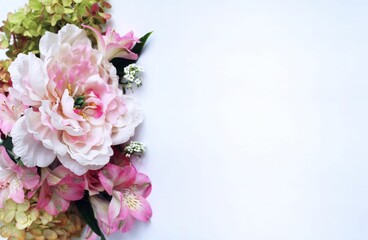 Bouquet of pink roses, peonies and alstroemeria on a white background. Festive flower arrangement. Background for a greeting card.