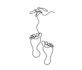 Silhouette of abstract foot with  hand as line drawing on white