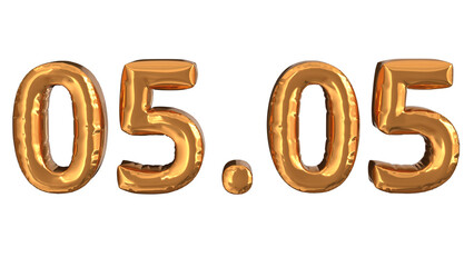 3d rendering of gold foil balloons at event 05.05, suitable for advertising content