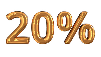 3d rendering of gold foil balloons text of 20%, suitable for advertising