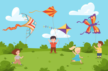 Cute little children on summer meadow playing with kite flat vector illustration.