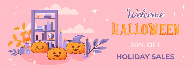 Welcome Halloween holiday sales banner. Sales flyer with Halloween pumpkin, magic books, witch hat and candles