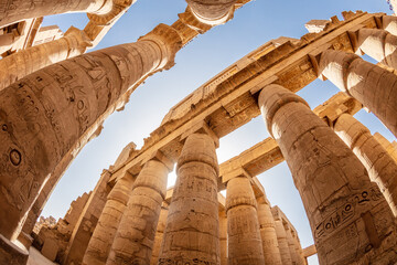 Different hieroglyphs on the walls and columns in the Karnak temple. Karnak temple is the largest...