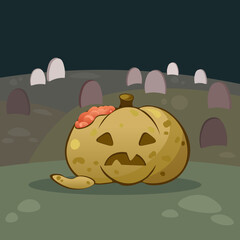 Happy Halloween party invite or greeting card. Halloween pumpkin like a zombie on graveyard for your Halloween background, game location, postcard, poster, invite, banner or stickers