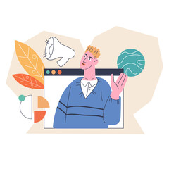 SMM specialist or PR manager, Internet marketer working online, flat vector illustration isolated on white background. SMM or Social media marketing, advertising of business.