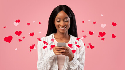 Online life concept. Attractive black woman using smartphone, collage