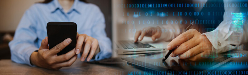 Businessman hands working with finances about cost and calculator and laptop with tablet, smartphone at office in morning light
