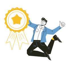 Leadership, best employee and victory in business competition concept. Businessman got gold medal for first place in professional rivalry, doodle vector illustration isolated on white.