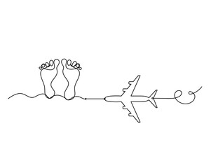 Silhouette of abstract foot with  plane as line drawing on white