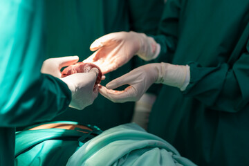 Two doctors wearing gloves in the operating room deliver a heart lump to prepare for an artificial...