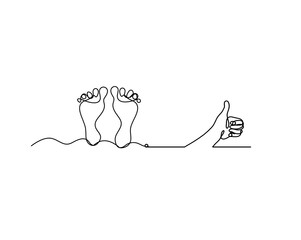 Silhouette of abstract foot with  hand as line drawing on white