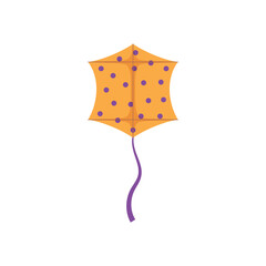 Bright yellow kite with purple dots and tape flat style, vector illustration
