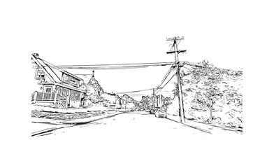 Building view with landmark of Pacific Grove is the 
city in California. Hand drawn sketch illustration in vector.