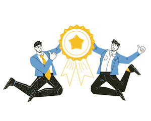 Businessmen got gold medal for first place, doodle vector illustration isolated on white. Leadership, best business team and victory in business competition concept.