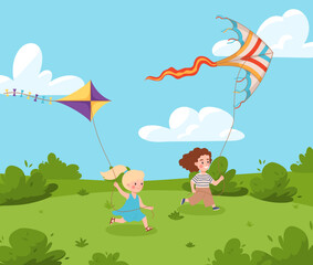 Obraz na płótnie Canvas Summer park or green meadow background with children flat vector illustration.