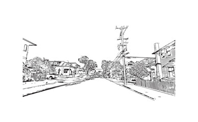 Building view with landmark of Pacific Grove is the 
city in California. Hand drawn sketch illustration in vector.