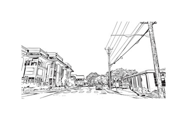 Building view with landmark of Pacific Grove is the 
city in California. Hand drawn sketch illustration in vector.