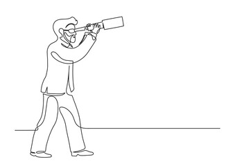 Businessman looks into telescope. Businessman looking to the future. Continuous line drawing.
