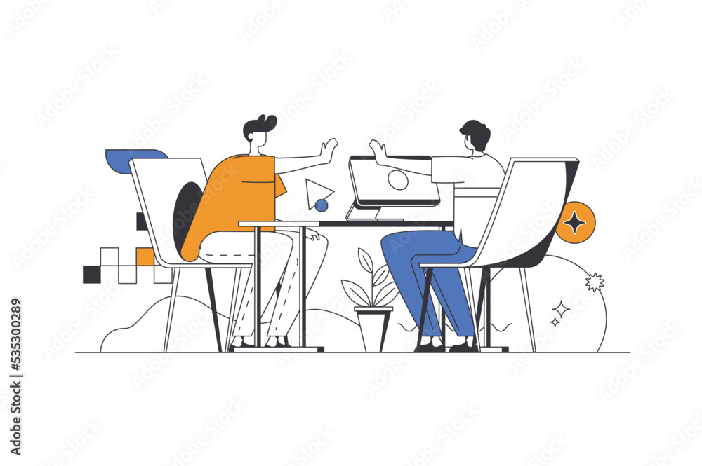 Leinwandbilder Best feedback web concept in flat outline design with characters. Client writing comments and evaluating. Company employee reads customer reviews. User experience people scene. Vector illustration.