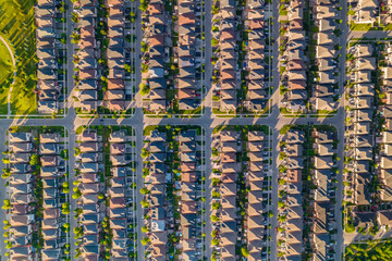 Aerial view of rich American citizen’s suburb at golden hour summertime. Established Real estate view of wealthy residential houses near greenery, parks and trees.