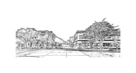 Building view with landmark of Pacific Grove is the 
city in California. Hand drawn sketch illustration in vector.