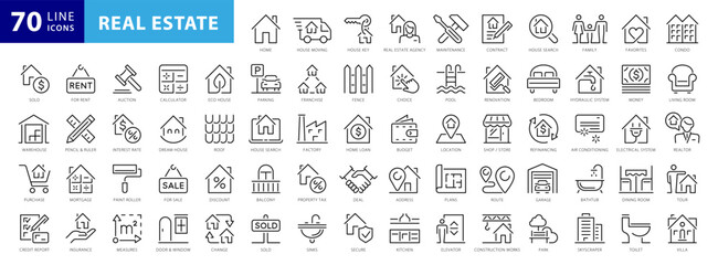 Real Estate thin line icons. Real estate symbols set. Home, House, Agent, Plan, Realtor icon. Real estate icons set. Vector illustration - 535300243