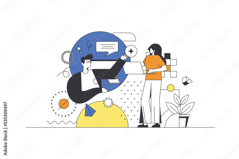 Poster creative agency web concept in flat outline design with characters. man and woman designers generate