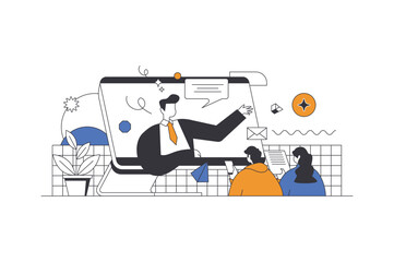 Business training web concept in flat outline design with characters. Man and woman listen to coach at conference, improve professional skills and career analyzes, people scene. Vector illustration.