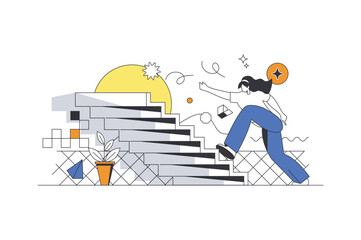 Career opportunity web concept in flat outline design with character. Woman is looking for new projects and climbing career ladder. Leadership and aspiration, people scene. Vector illustration.
