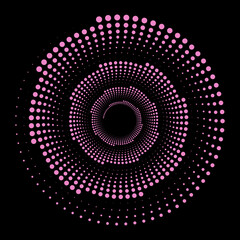 Circle pink dots on a black background. Element for frame, logo, tattoo, web pages, prints, posters, template, abstract vector backgrounds. Optical illusion shape. Design spiral dots backdrop. Op art.