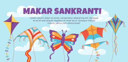 Makar Sankranti banner or greeting card with kites flat vector illustration.